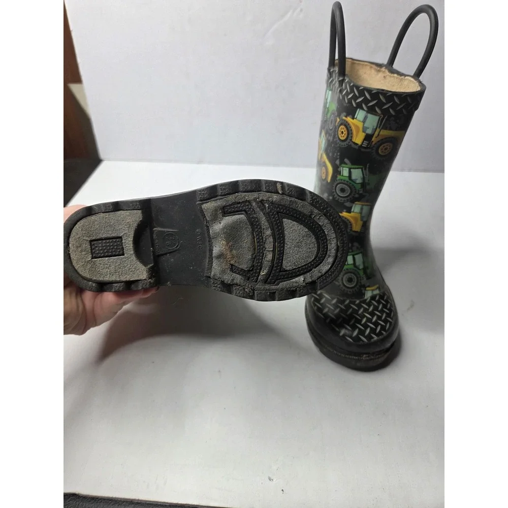 Western Chief Boys Tractor Print Rubber Rain Boots Black Green Yellow Size 7/8